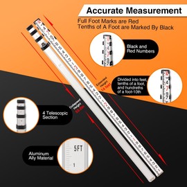 Grade Stick, 14-Foot Dual Sided Aluminum Grade Rod - 10ths, 4 Sections Telescopic Leveling Rod with Bubble Level - Laser Level Stick with Soft Carrying Bag for Construction (14FOOT 10TH)