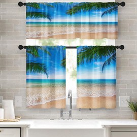 Tayney Beach Kitchen Curtains Tropical Palm Window Curtains Valance and Tier Set 36 Inch, Summer Ocean Short Tier Curtain, Blue Ocean Small Kitchen Decor