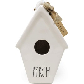 Rae Dunn by Magenta Perch Ceramic LL Decorative Slant Roof Birdhouse with Burlap Ribbon & Bird Sketch Icon