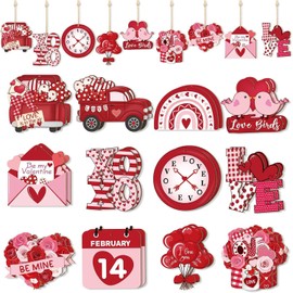 24PCS Valentine's Day Wood Hanging Ornaments Love Heart Wood Cutouts with Hemp Ropes Tree Hanging Decorations for Valentine's Day Home Decor Party Supplies (Red)