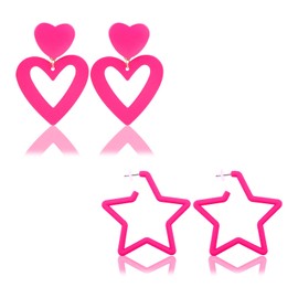 2 Pairs Pink Earrings, Statement Earrings, Drop Earrings, Heart Earrings, Pink Star Earrings for Women, Girls, Party Gifts, Resin, No Gemstone