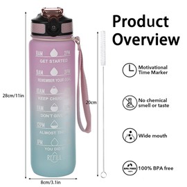 chongning 1L Sport Water Bottles with Straw & Time Maker Leak-proof, BPA-free Plastic Drink Bottle for Girls, Boys, Gym, Cycling, Office, Outdoor (Pink Blue)