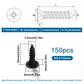 VooGenzek 150 PCS M3.5 * 16 mm Coarse Thread Point Drywall Screws, Phillips Countersunk Drywall Screws, Plasterboard Wood Screw, for Plasterboard, Drywall and Wood, Black