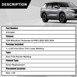 SecosAutoparts Door Trim Molding Lower Left Rear Compatible with Mitsubishi Outlander & PHEV 2022 2023 2024 Replace# 5757A601 Front Door Trim Driver Side