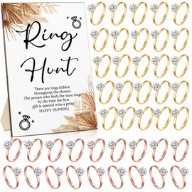 Bucherry Bridal Shower Games with Rings Funny Ring Hunt Games Sign Wooden Game Sign and 100 Mini Plastic Rings Fake Rings with Diamond for Bride Shower Game Wedding Winner Gifts Party Favors (Boho)