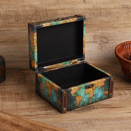 Wooden Storage Box, European Style Vintage Jewelry Organizer Display Box Desktop Ornaments Wooden Storage Decorative Box for Home Office Decoration Photographic Prop (2208A-06-Green map)