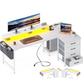 ODK 63 Inch Reversible L Shaped Computer Desk with 4 Drawers, Gaming Desk with LED Lights & USB Power Outlets, Corner Office Desk with CPU Shelf & Monitor Stand, Study/Writing Table for Bedroom, White