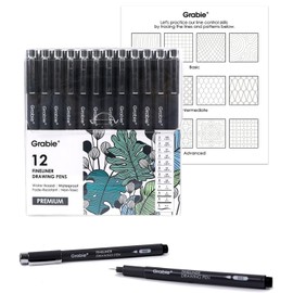 Grabie Fineliner Drawing Pen Set Of 12, Micron Pens for Journaling, Art Supplies with Ink for Long-Lasting Art Projects, Black