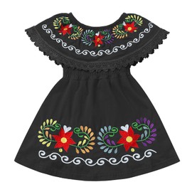 ABAFIP Baby Girls Mexican Dress Kids Toddler Off Shoulder Sleeveless Ruffle Floral Embroidery Traditional Fiesta Festival Dress Black 18-24 Months