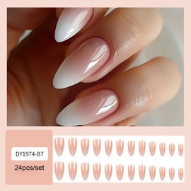 LPOODDNU Gradient White Press on Nails Almond Shape Fake Nails Medium Length Artificial Nails Glossy Nude Pink French False Nail Tips Cute Glue on Nails Acrylic Stick on Nails for Women 24Pcs