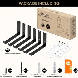 TICONN Shelf Bracket, 6 Pack 1/5'' Thick Metal Shelf Brackets Heavy Duty for Room, Home, Office, Garage (J Type-6 Pack, 8'')