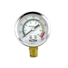 All Tool Depot 2 inch Air Pressure Gauge Lower Side Mount 1/4 inch NPT 2 inch Dial - 0 to 200 PSI (Color Coded)