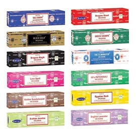 Satya Nag Champa Incense Stick Packs | 12 Assorted Fragrances | Hand Rolled & Non-Toxic - Perfect for Meditation and Relaxation | Home Fragrance Gift Pack | Set of 12 Packs 15 Grams Each