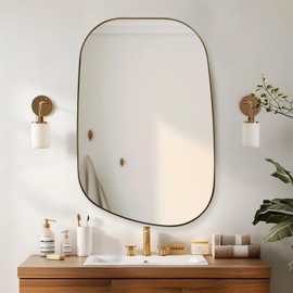 ANDY STAR Irregular Mirror Asymmetrical Mirror for Wall 24x36” Brushed Gold Bathroom Mirror, Modern Wall Mirror for Living Room Bathroom Vanity Framed Mirror Wavy Mirror 1” Deep Set Design