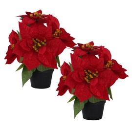Poinsettias Flowers Artificial in Pot 2PC Small Red Christmas Plant