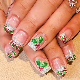 24Pcs Christmas Press on Nails Short Square Fake Nails Green Leaf Holly Glue on Nails with Silver Glitter Glue on Nails Red Green Sequins French Glossy Winter Xmas Acrylic Nails False Nail for Women