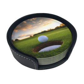Funny Golf Scenery Coasters for Drinks Round Leather Coaster with Holder Set of 6 for Tabletop Protection Desk Accessories Office Home Room Decor