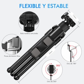 RUBOQE Pulpo Trípode Plegable para Celular, 360° de Cabeza Palo Selfie Stick, Trípode Portátil de Aluminio, Soporte para Cámara Portátil, con Control Remoto y Tornillo de 1/4“