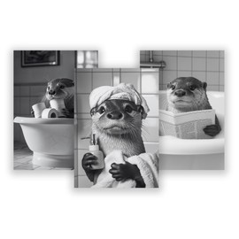 WBdesignz Set of 3 Poster Set - Otter in the Bathroom - Funny Black and White Wall Decoration with Animal Motifs for Guest Toilet, Bathroom or Toilet (DIN A4) - Without Frame