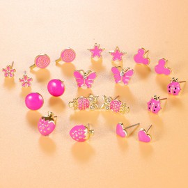 10Pairs 18K Gold Plated Love Heart Shape Owl Flower Star Lollipop Mouse Small Cute Simple Post Stud Earrings Set for Girls Kids Gold Tone Mix and Match (Mix-Rose carmine)