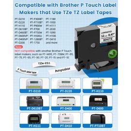 5-Pack TZe-231 Replace for Brother P Touch Label Tape TZe TZ Tape 12mm 0.47 Laminated White TZe231 Label Maker Tape for Brother Ptouch PT-D210 PT-D220 PT-H110 PT-D610BT PT-D600 PT-D410 PT-D400 PT-1880