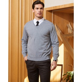 KALLSPIN Men's V Neck Sweater Pullover 100% Cotton Regular Fit Long Sleeve Knitting Sweaters(Light Grey,Large)