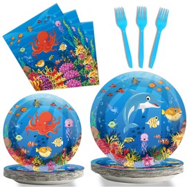 gisgfim 96 Pcs Ocean Under the Sea Plates and Napkins Party Supplies Ocean Themed Tableware Set Lunch Napkins Party Decorations Favors for Underwater Dolphin Fish Birthday Baby Shower Serves 24