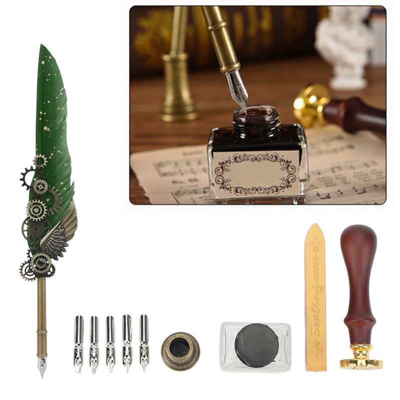 Retro Feather Pen Set Vintage Map Pattern Quill Pen Set