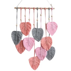 LB Macrame Wall Hanging Decor, Boho Chic Feather Wall Decor Macrame Photo Wall Hanging Handmade Yarn Woven Wall Art Pink Leaf Tapestry for Bedroom Living Room Nursery Office Backdrop, 16x35 Inch