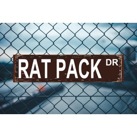 RAT PACK DR Sign Funny Street Sign Novelty Sign for Door Name Plate Plaque Home Patio Garden Bar Farm House Garage Wall Decor Metal Tin Sign Brown 16 x 4 Inch