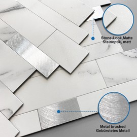 MOFIT Backsplash Tile for Kitchen Peel and Stick Stone Matte Finish,Bathroom Tiles Stickers 3D Wall Panel Linear Mosaic Marble Backsplash Waterproof(10sheets,White Silver)