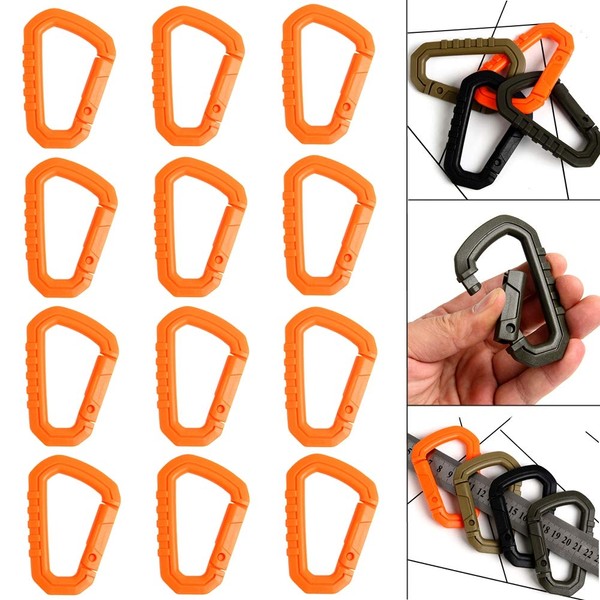 12pcs Enforcement Polymer Light Weight Multipurpose Molle Tactical D-Ring Locking Hanging Hook Spring Lock Buckle Tactical Backpack (Orange)