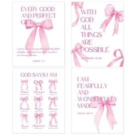 Vexilon 4 PCS Pink Bow Wall Art, Preppy Bible Verses Canvas Wall Art, Aesthetic Room Decor Coquette Wall Decoration for College Teen Girls Bedroom Living Room
