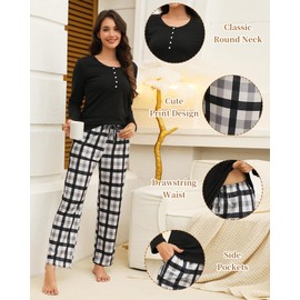 Mchodare Womens Pajamas Sets Long Sleeve Cotton Top and Plaid Pants with Pockets Soft Sleepwear 2 Piece Pjs Lounge Set, Black, X-Large