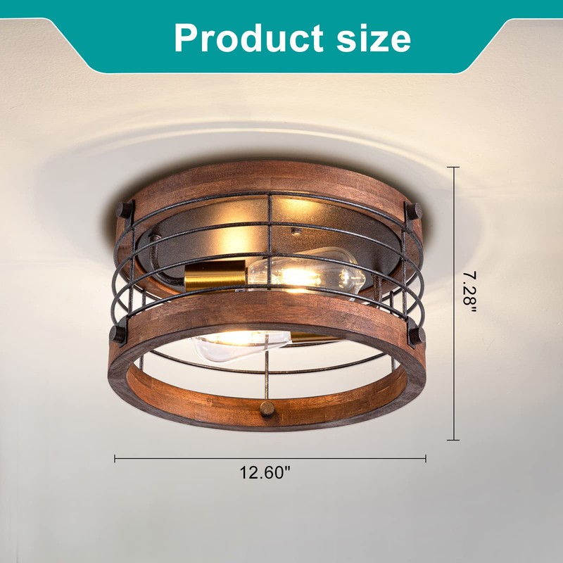 wochos Farmhouse Flush Mount Ceiling Light, 12.6 Inch 2-Light Metal