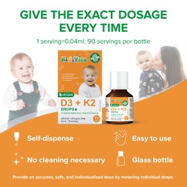 KidzVita - Organic Vegan Vitamin D3 & K2 Drops 400 IU – Support Healthy Bones, Teeth, Immunity - Vegetarian and Preservative Free Helps Absorb and Utilize Calcium - Build-In Dispenser - Children's Multivitamin for 1 to 8 Years Old - 3.6 ML 90 Servings