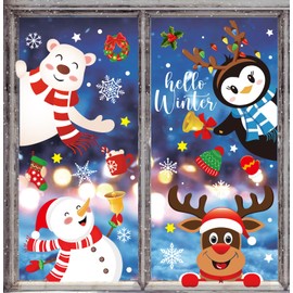 Whaline 6 Sheet Hello Winter Window Clings Christmas Snowman Reindeer Penguin Reusable Window Decals for Xmas Holiday Party Home Glass Decor