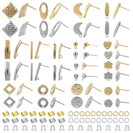 Toaob 60 Pieces Silver Gold Earrings Basic Stud Stainless Steel Hypoallergenic 15 Styles Stud Caps and Clasps Butterfly Earring for Jewellery Creation