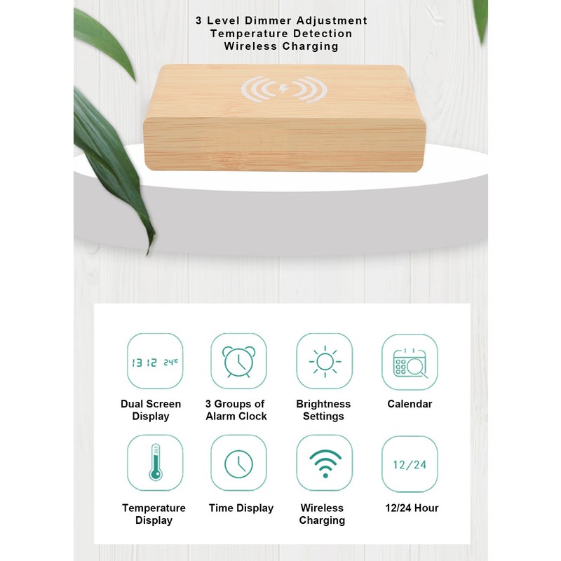 Wooden Digital Alarm Clock with Wireless Charging 3 Level Dimmer