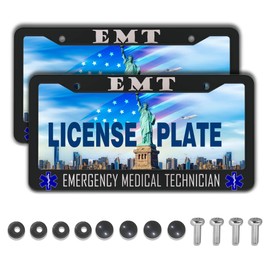License Plate Bracket Black and White License Plate Frames EMT Emergency Medical Technician Aluminum Metal Car Accessory 2 Pack with Screw Covers Set