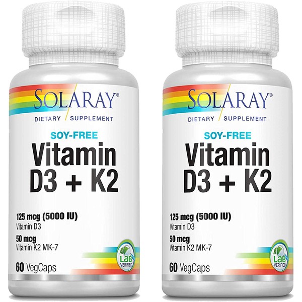 Solaray Vitamin D3 + K2 | D & K Vitamins for Calcium Absorption and Support for Healthy Cardiovascular | 60 CT | 2 pk