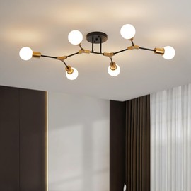 POUNEE Modern Gold and Black Sputnik Semi Flush Mount Ceiling Light Fixture for Dining Room Living Room Bedroom Kitchen Closet Hallway Aisle, Mid Centur Metal 6 Light Chandelier