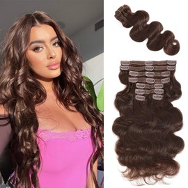 AIWET Long Wavy Clip in Hair Extensions Real Human Hair 8Pcs 140g Body Wave Human Hair Clip in Extensions for Women Chocolate Brown Glueless Human Hair Extensions for Women and Girl (#4,24 Inch)