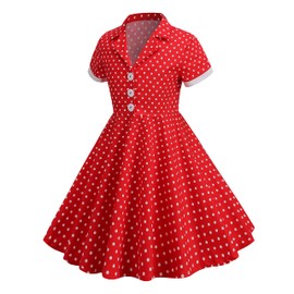 Girls 50s Short Sleeve Notch Lapel Vintage V-Neck Cocktail Swing Dress Buttons Retro 1950s Polka Dot Dress Kids Audrey Hepburn Rockabilly Dresses Summer Casual A line Tea Party Outfit Red 8-9 Years
