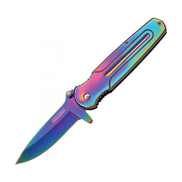 MASTER CUTLERY TF-843 Tac-Force 3.75" Folder, Rainbow Finished Stainless Steel Blade and Handle with Pocket Clip, Blue