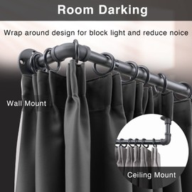 Rustic Curtain Rod - Adjustable Room Divider Rod for Windows 28 to 48 inch - 1 Inch Black Industrial Outdoor Wrap Around Curtain Rods for Patio