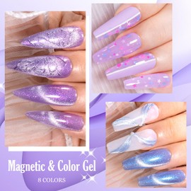 MEET ACROSS 8pcs Gel Nail Polish Set, Soak off UV LED Lamp Gel Nail Polish Cat Eye Set Home Gel Manicure Kit 7ml (Cat Eye + color Gel-5)