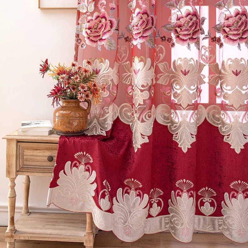 ELKCA Luxury Burgundy Red Chenille Floral Embroidered Curtains for Bedroom