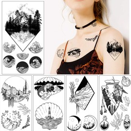 20 Sheets Black Tiny Temporary Tattoo, Hands Face Tattoos Sticker for Men Women, Forest Mountain Designs Body Art on Arm Neck Shoulder Clavicle Waterproof