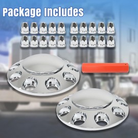 2 Chrome Front Hub Axle Cover Center Caps with 33mm Lug Nut Covers Replacement for Semi Truck 20 in, 22.5 in and 24.5 in Wheels